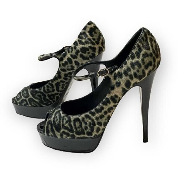 YSL Yves Saint Laurent Tribute Too 105 Mary Jane Peep Toe Pumps, Pony Leopard - Picture 2 of 16